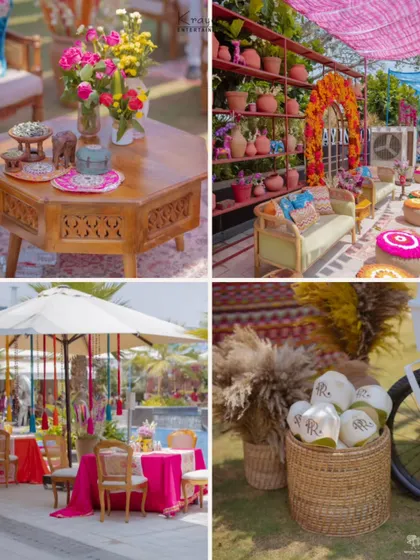 A collage of decor details from the wedding carnival, showcasing the colourful seating areas, floral arrangements, and personalized touches that created a festive atmosphere.