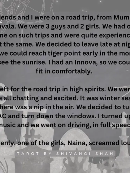 A road trip story where a girl sees a woman with white eyes running alongside their car at 100 km/h.