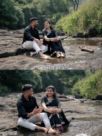 Two photos of a couple enjoying a quiet moment by a stream during their pre-wedding shoot. The natural setting provides a serene and intimate atmosphere.