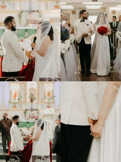 A collection of key moments from the church ceremony, including the exchange of vows and the joyful exit. This tells the story of the couple's union.