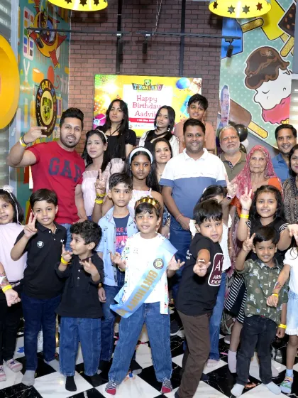 The whole party crew gathers for a big group photo to celebrate the birthday boy. We can comfortably host large parties with plenty of room for everyone.
