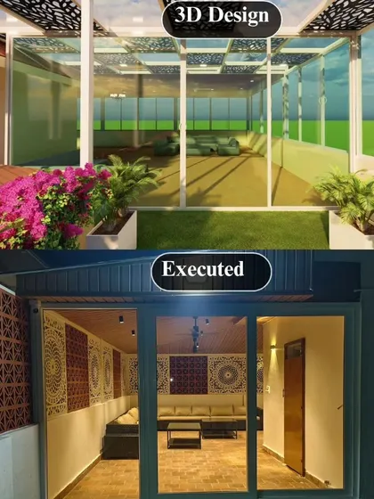 This comparison highlights the transition from a 3D concept of a glass-enclosed space to the final executed terrace room, complete with intricate jali brick and CNC panel details.