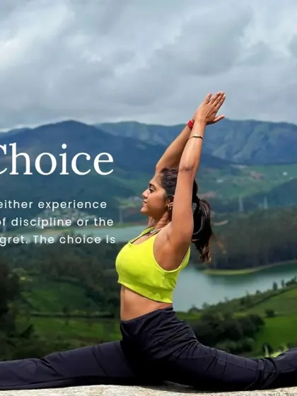 You can either experience the pain of discipline or the pain of regret. The choice is yours. This powerful quote over a full split pose in nature serves as motivation to commit to your practice and your well-being.