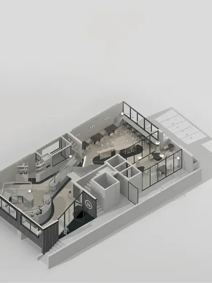 An axonometric render of the design, showing the full layout and the flow of the space.
