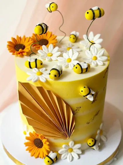 Another angle of the bee-themed cake, highlighting the texture and details.