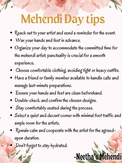 A smooth mehendi day is a happy mehendi day. I've put together these essential tips, from waxing in advance to choosing comfortable clothes, to ensure your experience is relaxed and enjoyable.