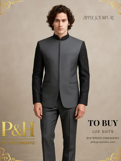 A modern interpretation of the Jodhpuri, this grey suit features a zipper front and contrasting black sleeves with leather-finish and hand-embroidery.