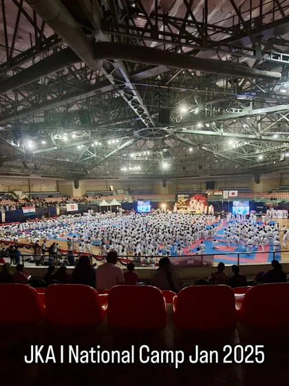 A perspective from the stands at the JKA National Camp in January 2025. These large-scale events are professionally organized and held in major stadiums, reflecting the prestige of the Japan Karate Association.