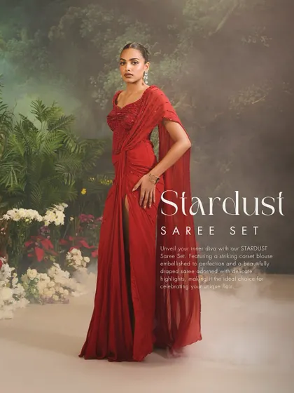 The Stardust Saree Set, featuring a beautifully draped saree with delicate highlights and a high slit, making it the ideal choice for celebrating your unique flair.
