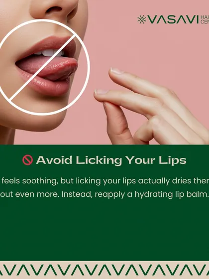 It is a common habit, but licking your lips provides only temporary relief and ultimately makes them drier as the saliva evaporates. Instead, I advise reapplying a hydrating lip balm to soothe and protect them.