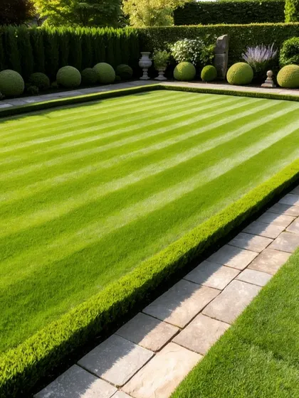 A perfectly striped and edged lawn, resembling a formal bowling green. This level of precision is a hallmark of our high-end lawn care and installation services.