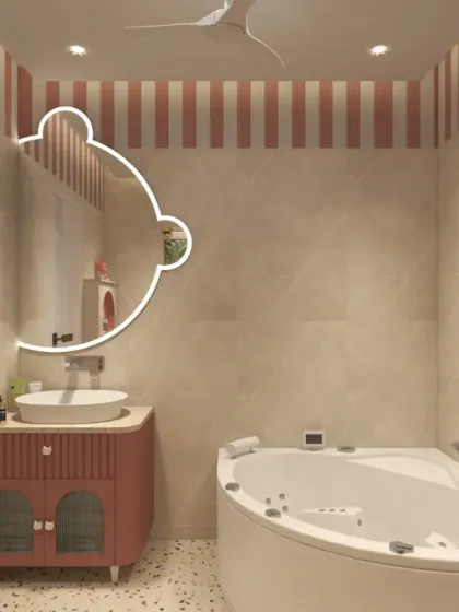 The bathroom includes a cozy corner bathtub, perfect for endless splashy fun, alongside the sleek PU vanity.
