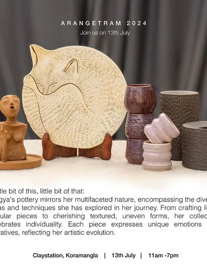 Pragya's Arangetram collection, "A little bit of this, a little bit of that," mirrors her multifaceted nature. From light, angular pieces to textured, uneven forms, her work is a vibrant tapestry of exploration that celebrates individuality and artistic evolution.