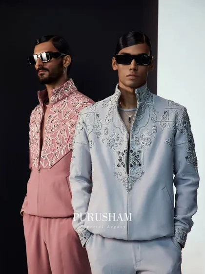 Two of my modern bomber sets, shown together. The dusty rose and light grey jackets feature different embroidery patterns, showcasing how I can create coordinated yet individual looks.