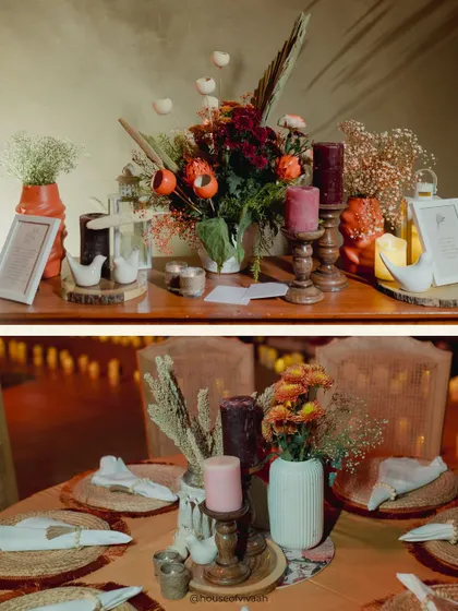 A collage of tablescapes from the welcome dinner, featuring dried florals, terracotta vases, wooden candle holders, and personalized stationery.