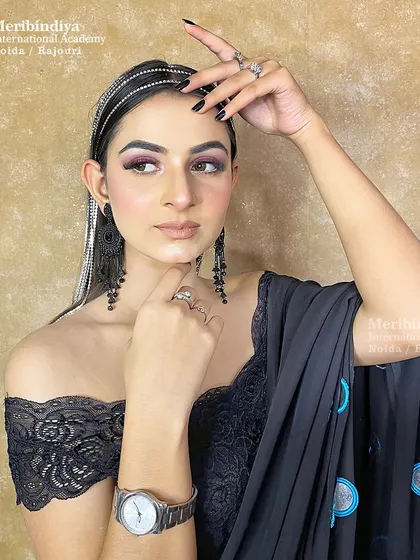 A confident pose showcasing the modern hair accessories that transform a simple hairstyle into a high-fashion statement.
