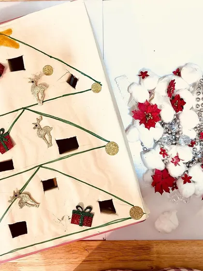 A simple yet effective Christmas activity. This DIY posting box, shaped like a Christmas tree, is perfect for developing fine motor skills. The children loved pushing the little decorations and cotton ball "snow" through the slots.