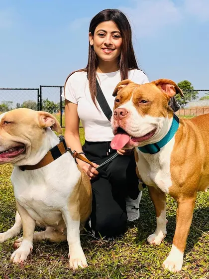 A proud pet parent with her two beautiful and well-behaved American Bulldogs.