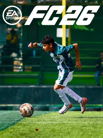 A young player on the run, showcasing the speed and determination we nurture, perfectly framed for an FC26 cover.