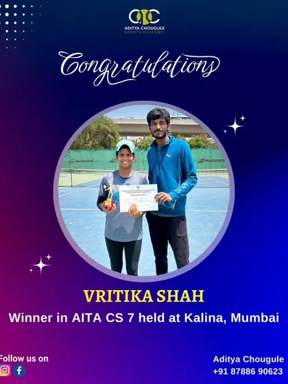 Congratulations to Vritika Shah, winner in the AITA CS 7 tournament held in Kalina, Mumbai. Her victory fills our academy with pride.