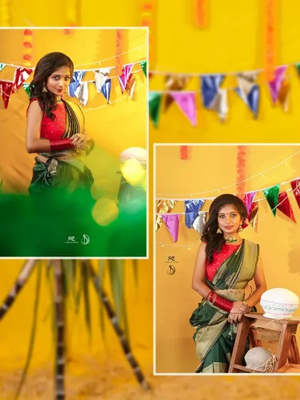 More creative shots from our Pongal-themed photoshoot, showcasing the versatility of our festive rental sarees for creating memorable pictures.
