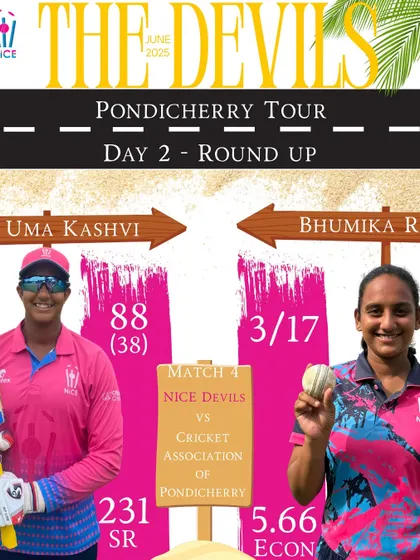 Day 2 highlights from the Pondy tour. Uma Kashvi's explosive 88 off 38 balls and Bhumika's 3-wicket haul kept the momentum firmly with us.