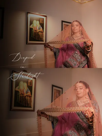 A dreamy, soft-focus portrait of the bride under her veil, the warm lighting creating a starlit, magical effect.