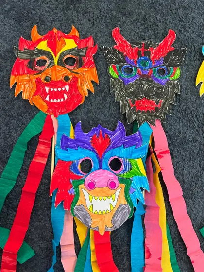 More of the amazing Chinese dragon masks. The mix of colours and fierce expressions is fantastic.