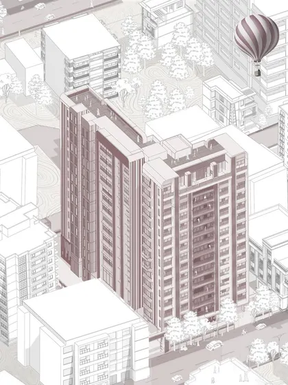 This render shows the redevelopment of Needlhara CHS, where we adapted the design to the context of its surroundings. The mauve color palette is inspired by the earthy tones of the neighboring temple complex and the bustling street life.