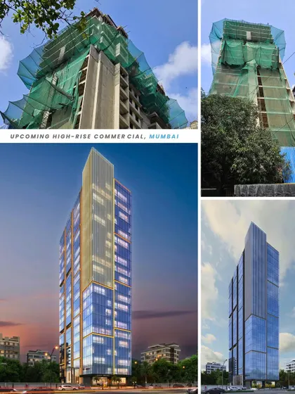 A collage of the BLA Business Park in Goregaon East, Mumbai. This 21-floor commercial powerhouse, shown in renders and under construction, is set to redefine the local skyline.
