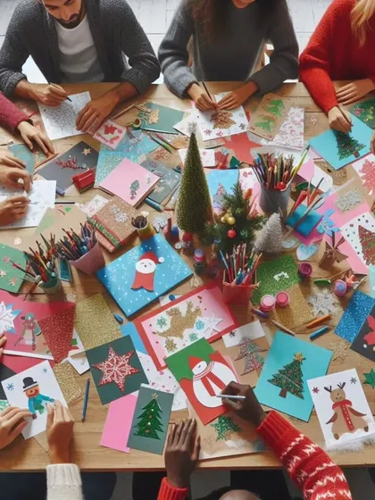 A snapshot from our Christmas card-making workshop, where participants are busy crafting unique holiday cards. These sessions are filled with creativity, community, and festive cheer for everyone involved.