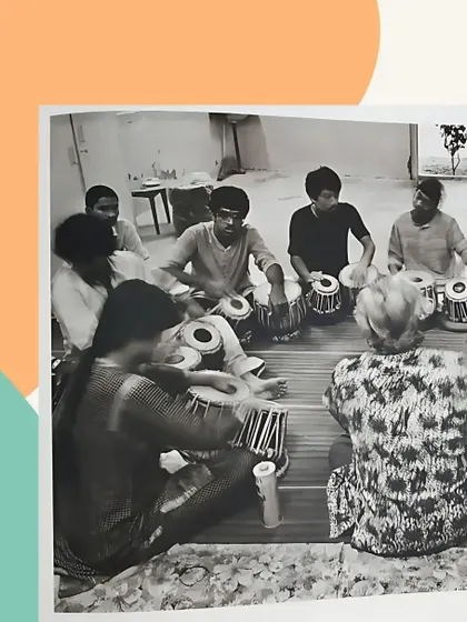 In a group class with Abbaji. Learning from him was an immersive experience, surrounded by the sounds of Tabla.