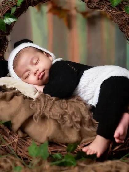 So precious! A newborn sleeps peacefully in a knitted panda costume, nestled in a rustic vine wreath.