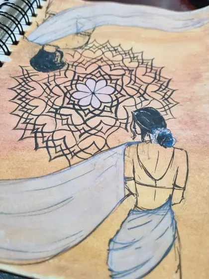 An alternate view of the 'cosmic union' sketch, focusing on the female figure's perspective. My sketchbook is where I explore different compositions and ideas for larger, more complex spiritual paintings.