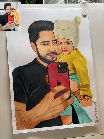 A father and his child taking a selfie, recreated as an A3 colored pencil drawing. This portrait captures a modern and tender moment between a parent and their baby.