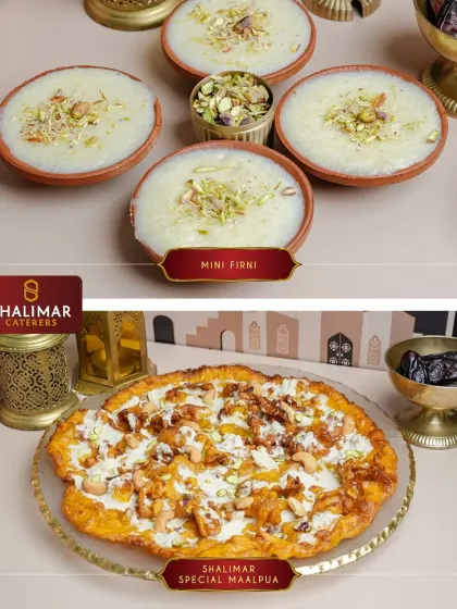 The sweet finale to your Iftar. Our boxes include traditional Mini Firni and the indulgent Shalimar Special Malpua, ensuring a delightful end to your meal.