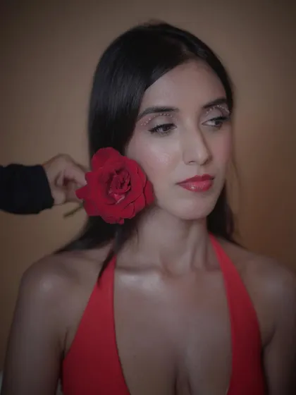 An artistic and romantic photoshoot look. I used rhinestones on the eyelids for a touch of sparkle and kept the rest of the makeup soft and dewy.