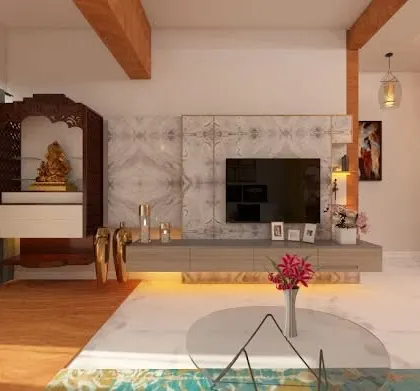 This living room design thoughtfully incorporates a dedicated puja area. The TV unit features a marble-patterned backdrop, while the wooden platform elevates the sacred space, blending spirituality with modern home design.