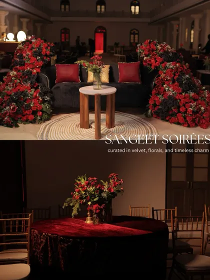 A collage showcasing the "Sangeet Soirée" decor, curated in velvet, florals, and timeless charm, from the lounge seating to the table centerpieces.