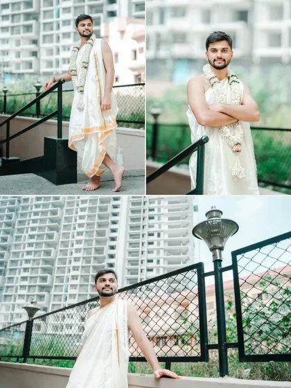 A collage of stylish solo portraits of the groom in his traditional wedding attire.
