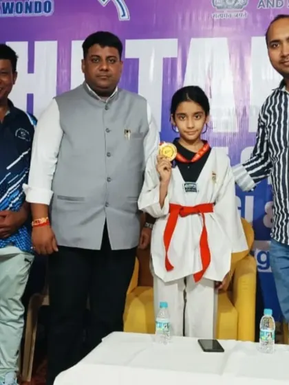 Celebrating Naysha's gold medal win at the sub-junior state Taekwondo championship in Dwarka. It's a proud moment for her and our entire academy.