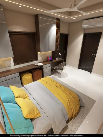 Another view of the kids' bedroom, showing the wardrobe and the vibrant pops of yellow and blue.