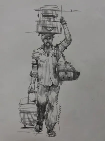 A sketch of a porter carrying luggage, focusing on capturing the sense of weight and movement through dynamic line work.