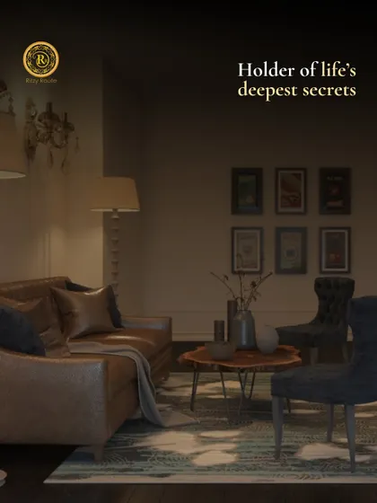 A living room is the holder of life's deepest secrets. This classic design with a leather sofa, ambient lighting, and a gallery wall creates a cozy, intimate setting for conversations.