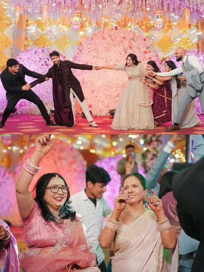 A collage capturing the fun and games at an engagement party, with family and friends joining in the celebration.