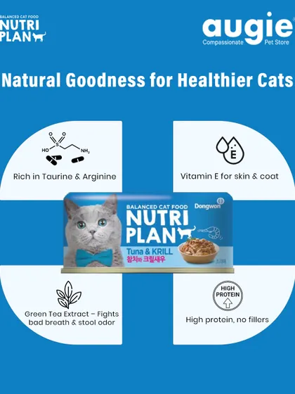 Here's a breakdown of the natural goodness in Nutriplan Tuna & Krill. It's rich in taurine and arginine, contains Vitamin E for skin and coat, and uses green tea extract to fight bad breath.