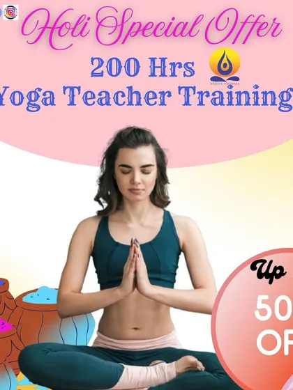 A festive graphic announcing our Holi special offer, with up to 50% off the 200-hour Yoga Teacher Training course for a limited time.