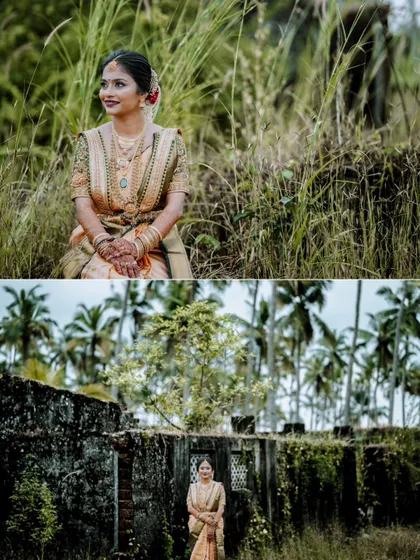 A collage of solo bridal portraits in a natural, rustic setting, highlighting the bride's beauty and her elegant saree.
