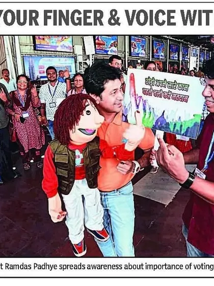 A newspaper clipping from our voter awareness campaign at Ghatkopar station. My puppet and I were out on the streets encouraging citizens to exercise their right to vote.