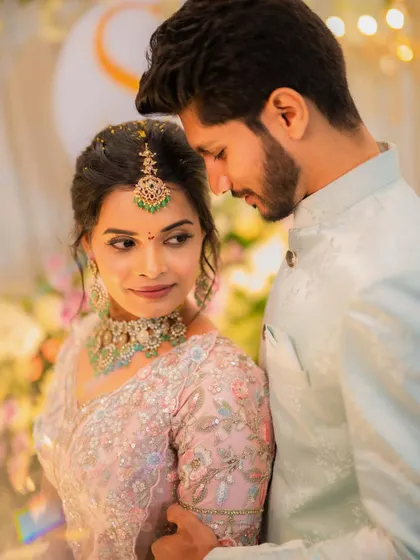 A romantic couple shot. I provide makeup and hair services for grooms as well, ensuring the couple looks perfectly coordinated.